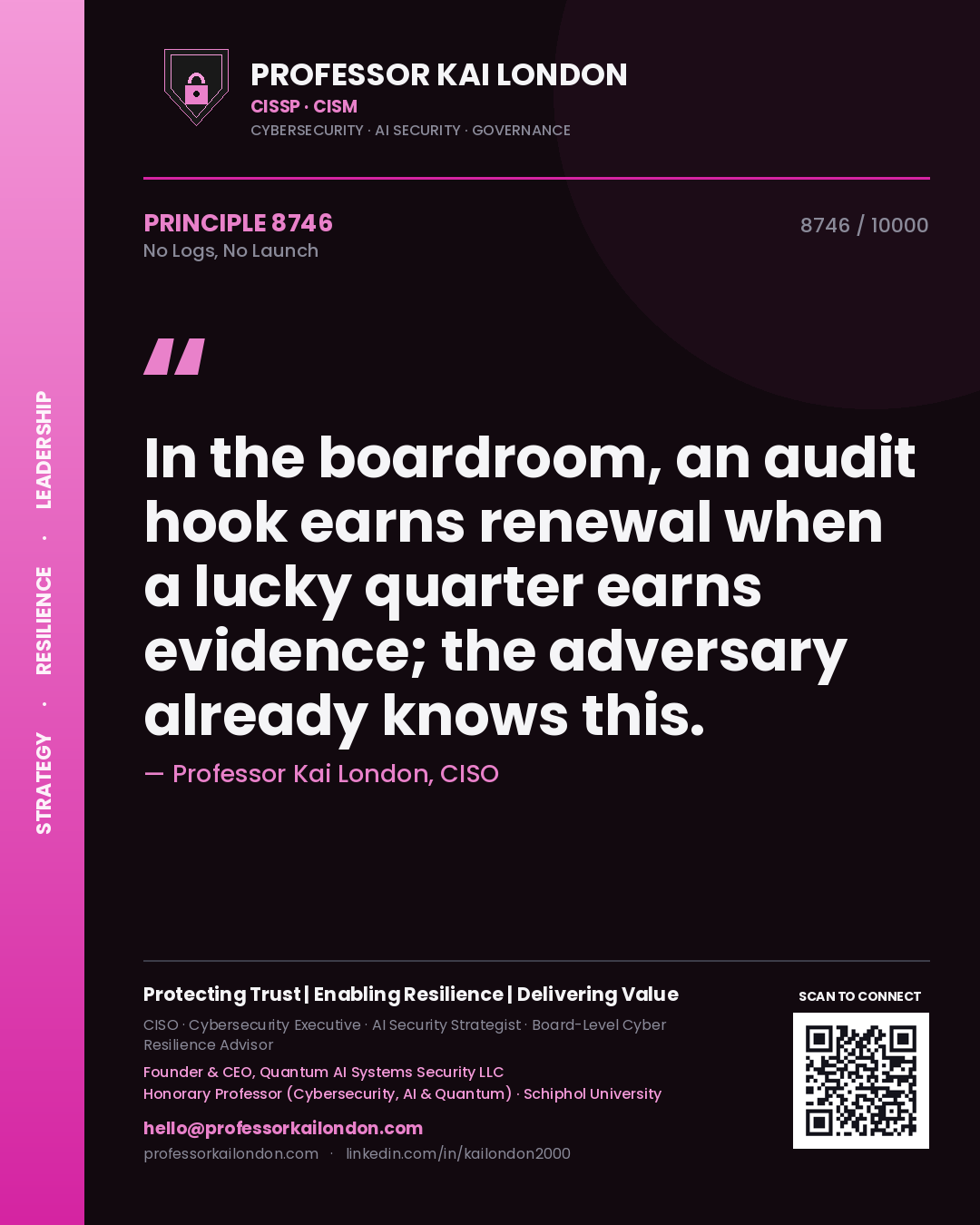 Professor Kai London principle 8746: In the boardroom, an audit hook earns renewal when a lucky quarter earns evidence; the adversary already knows this.