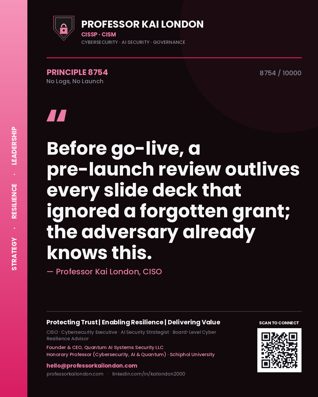 Quote card by Professor Kai London reading 'Before go-live, a pre-launch review outlives every slide deck that ignored a forgotten grant; the adversary already knows this.'. From the book No Logs, No Launch.
