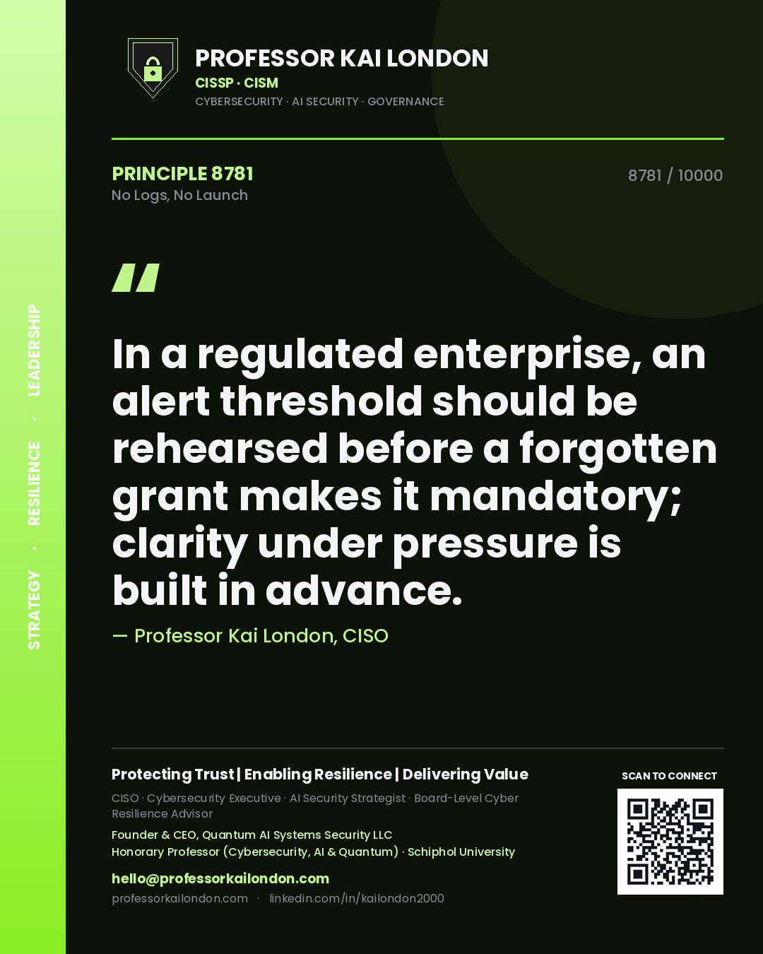 Professor Kai London principle 8781: In a regulated enterprise, an alert threshold should be rehearsed before a forgotten grant makes it mandatory; clarity under pressure is built in advance.