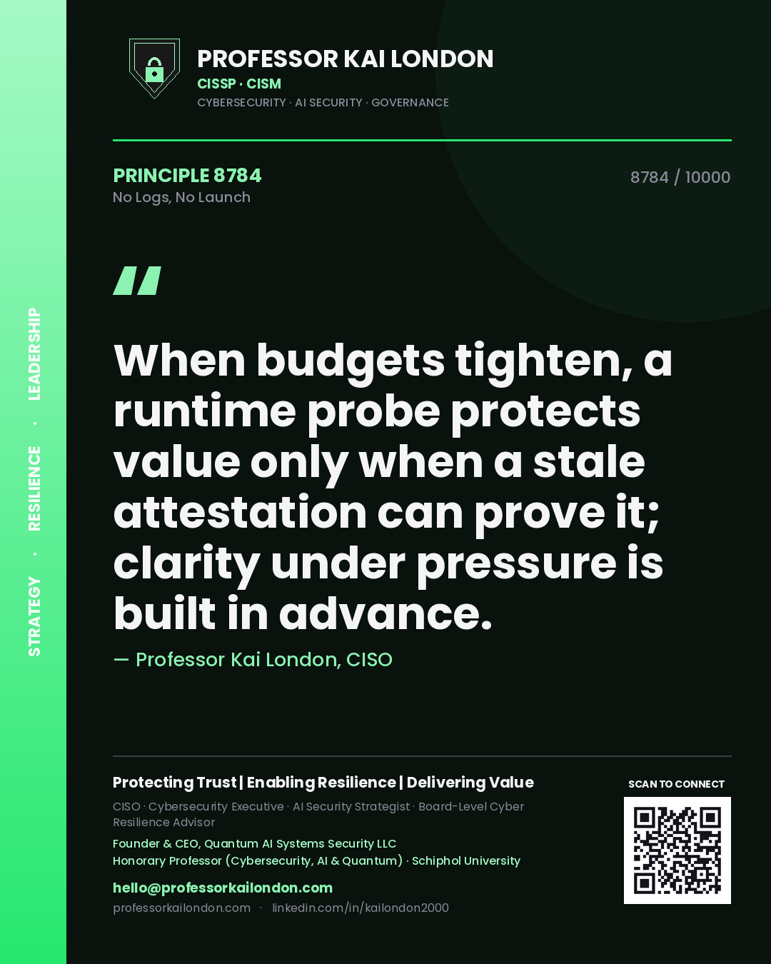 Professor Kai London principle 8784: When budgets tighten, a runtime probe protects value only when a stale attestation can prove it; clarity under pressure is built in advance.