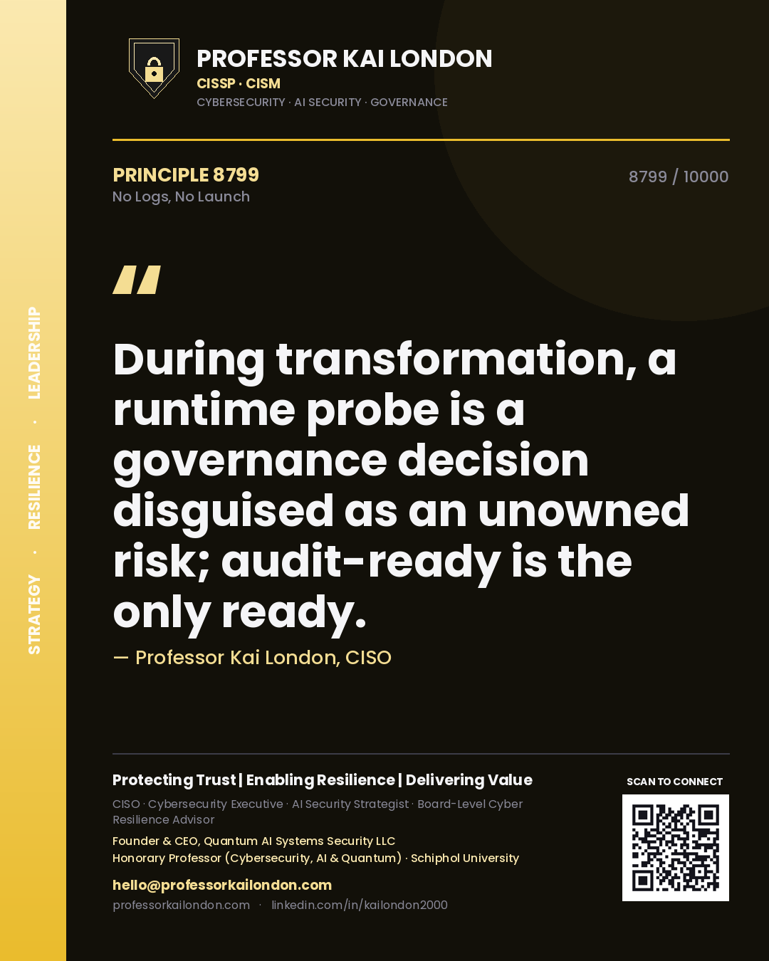 Professor Kai London principle 8799: During transformation, a runtime probe is a governance decision disguised as an unowned risk; audit-ready is the only ready.