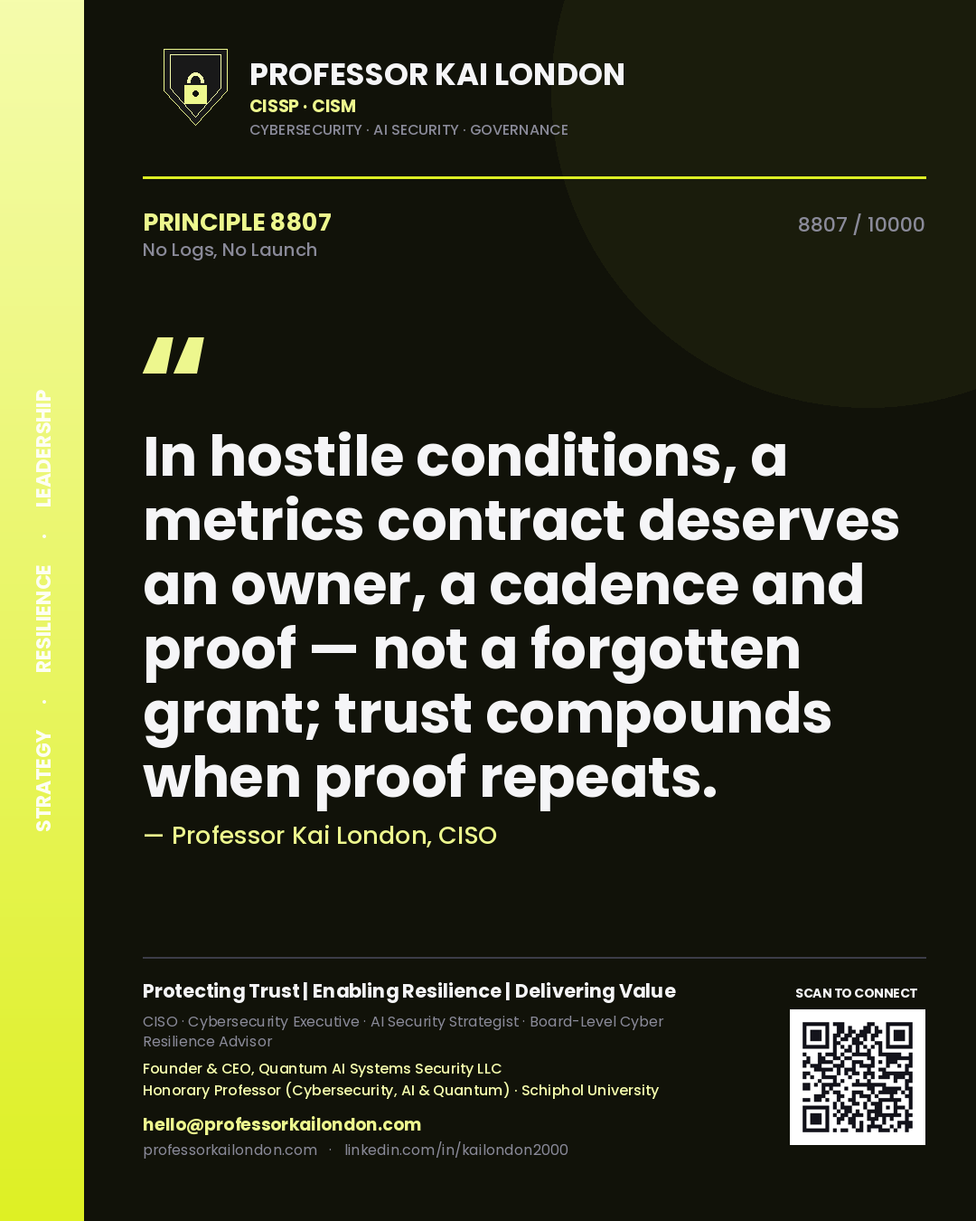 Professor Kai London principle 8807: In hostile conditions, a metrics contract deserves an owner, a cadence and proof — not a forgotten grant; trust compounds when proof repeats.