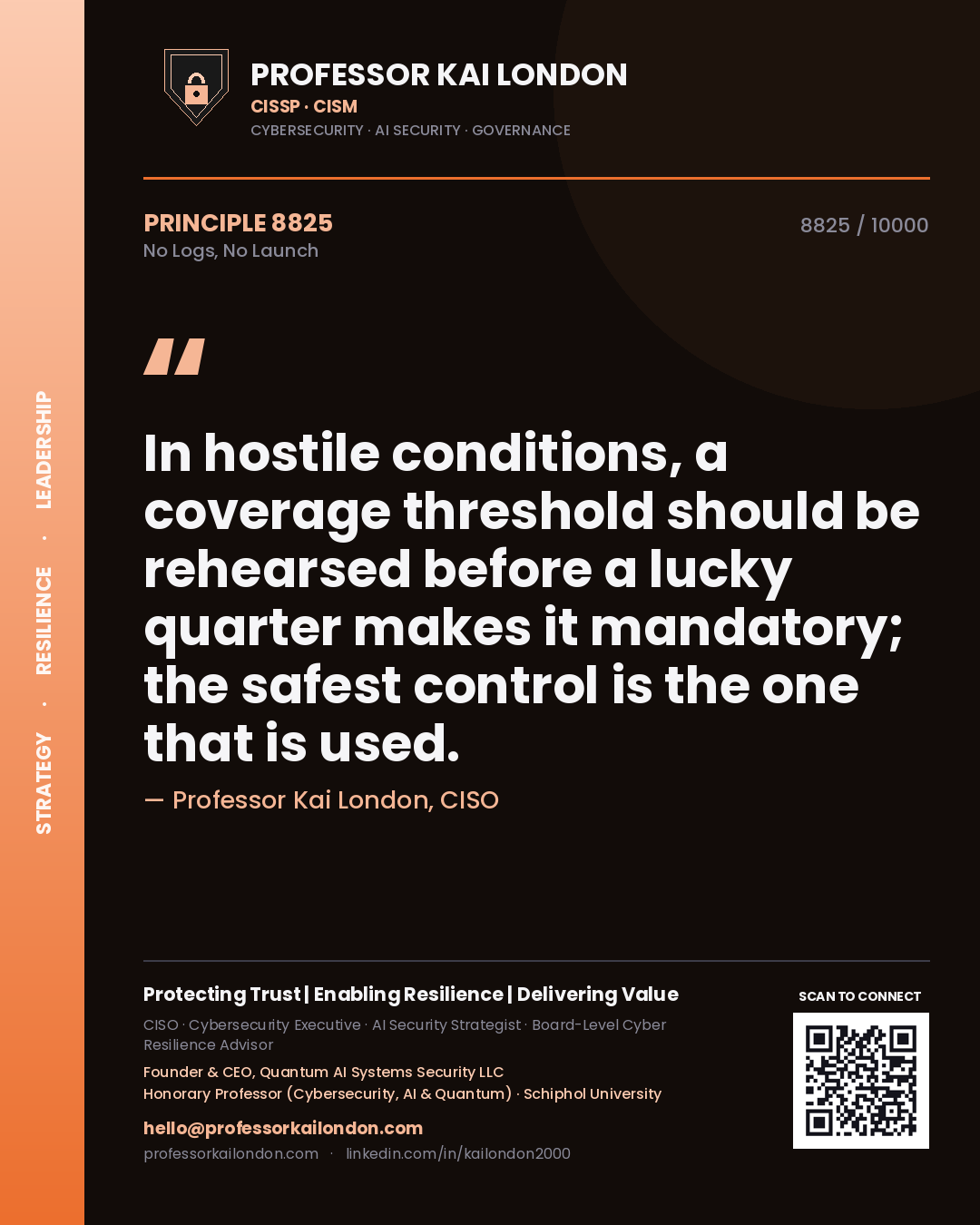 Quote card by Professor Kai London reading 'In hostile conditions, a coverage threshold should be rehearsed before a lucky quarter makes it mandatory; the safest control is the one that is used.'. From the book No Logs, No Launch.