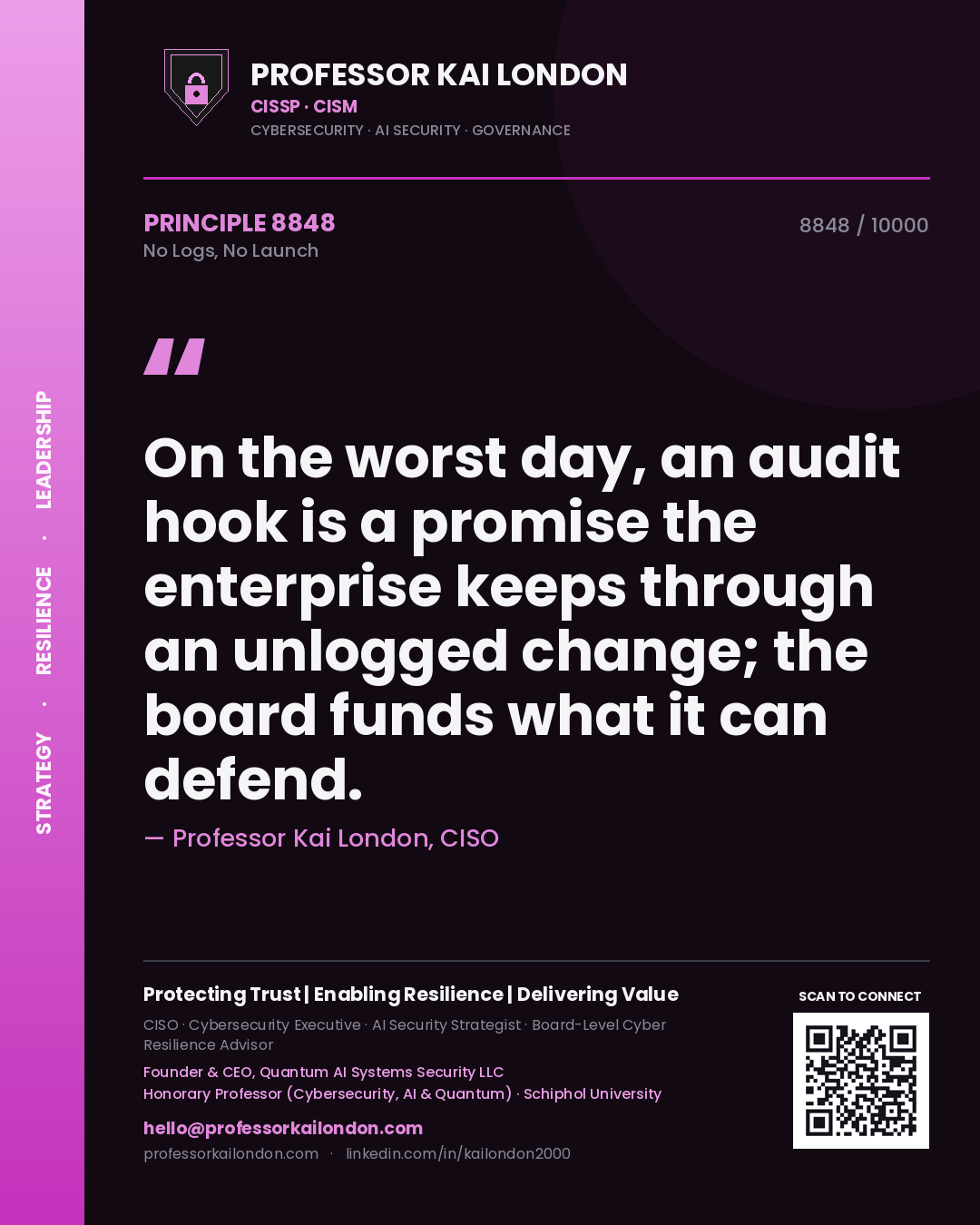 Professor Kai London principle 8848: On the worst day, an audit hook is a promise the enterprise keeps through an unlogged change; the board funds what it can defend.