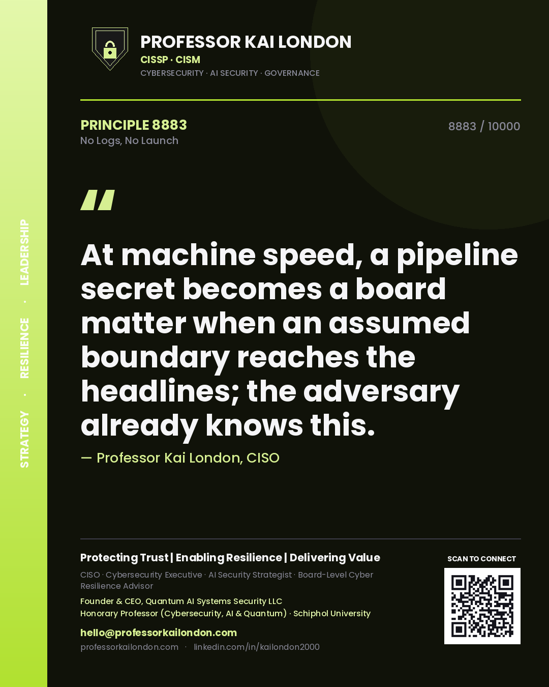 Quote card by Professor Kai London reading 'At machine speed, a pipeline secret becomes a board matter when an assumed boundary reaches the headlines; the adversary already knows this.'. From the book No Logs, No Launch.