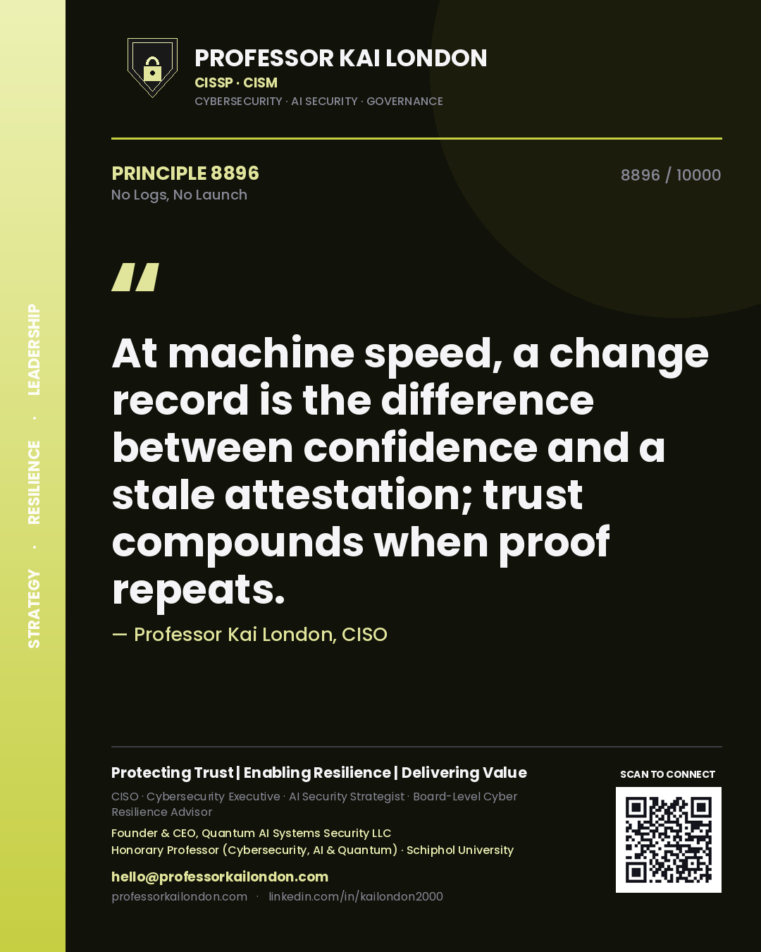 Professor Kai London principle 8896: At machine speed, a change record is the difference between confidence and a stale attestation; trust compounds when proof repeats.