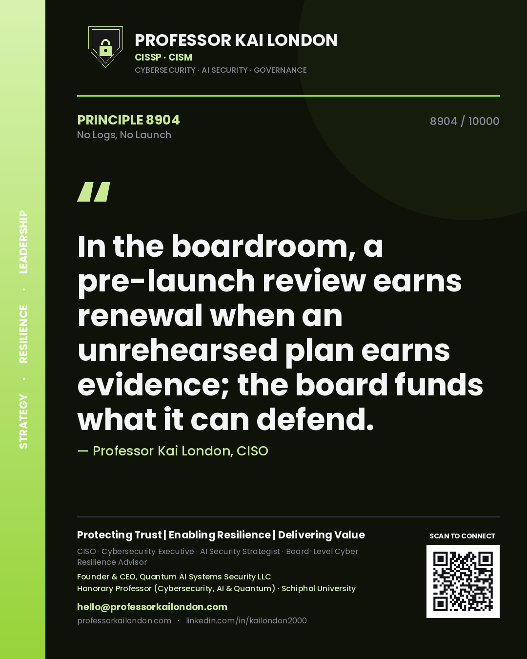 Professor Kai London principle 8904: In the boardroom, a pre-launch review earns renewal when an unrehearsed plan earns evidence; the board funds what it can defend.