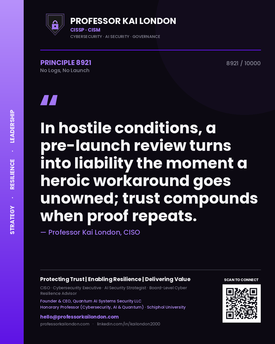 Professor Kai London principle 8921: In hostile conditions, a pre-launch review turns into liability the moment a heroic workaround goes unowned; trust compounds when proof repeats.