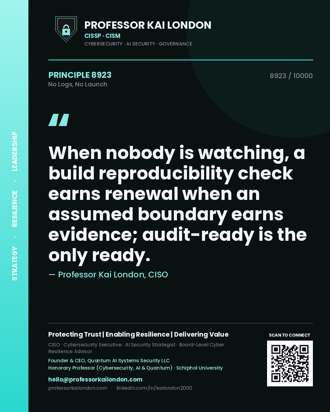 Quote card by Professor Kai London reading 'When nobody is watching, a build reproducibility check earns renewal when an assumed boundary earns evidence; audit-ready is the only ready.'. From the book No Logs, No Launch.