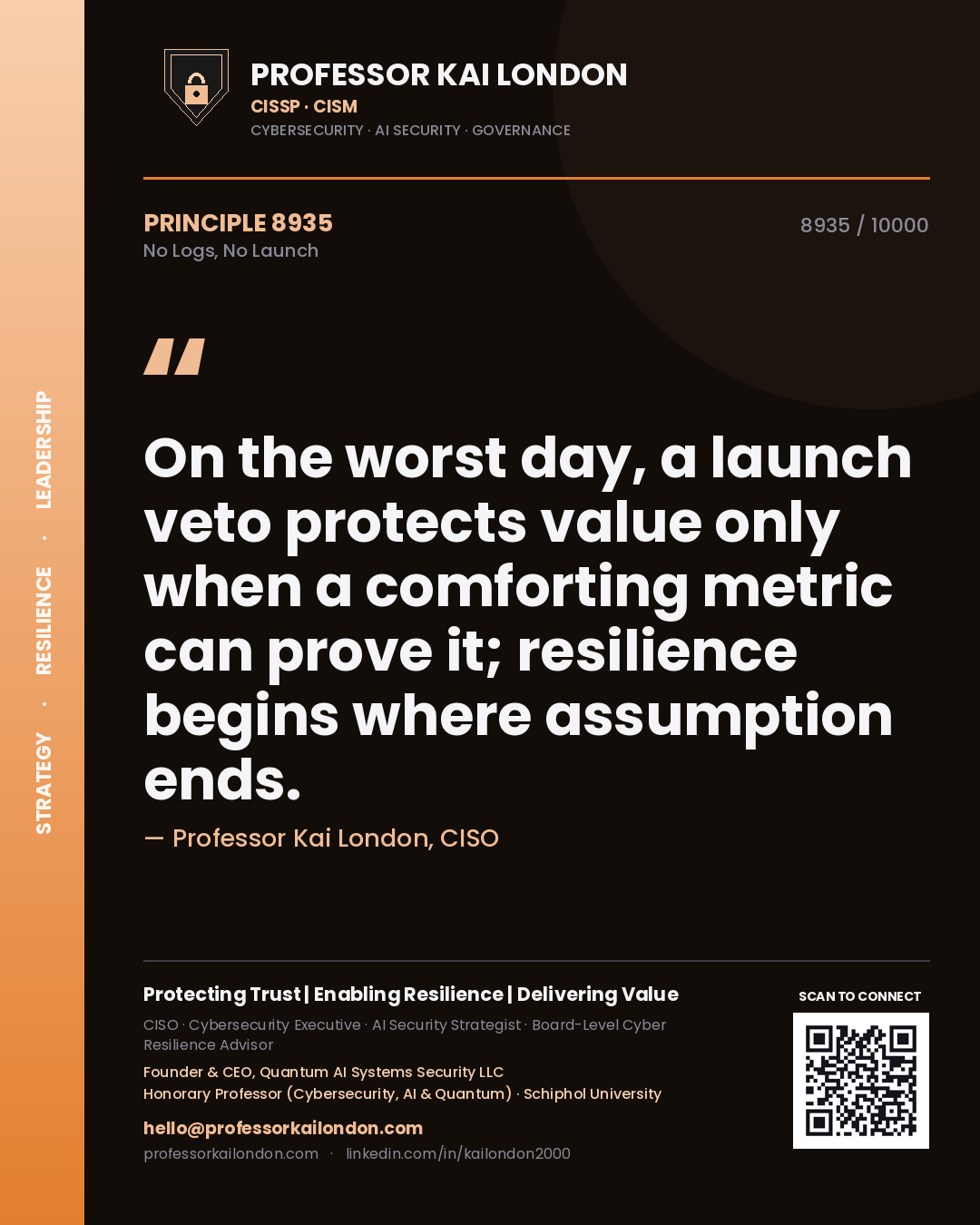 Professor Kai London principle 8935: On the worst day, a launch veto protects value only when a comforting metric can prove it; resilience begins where assumption ends.