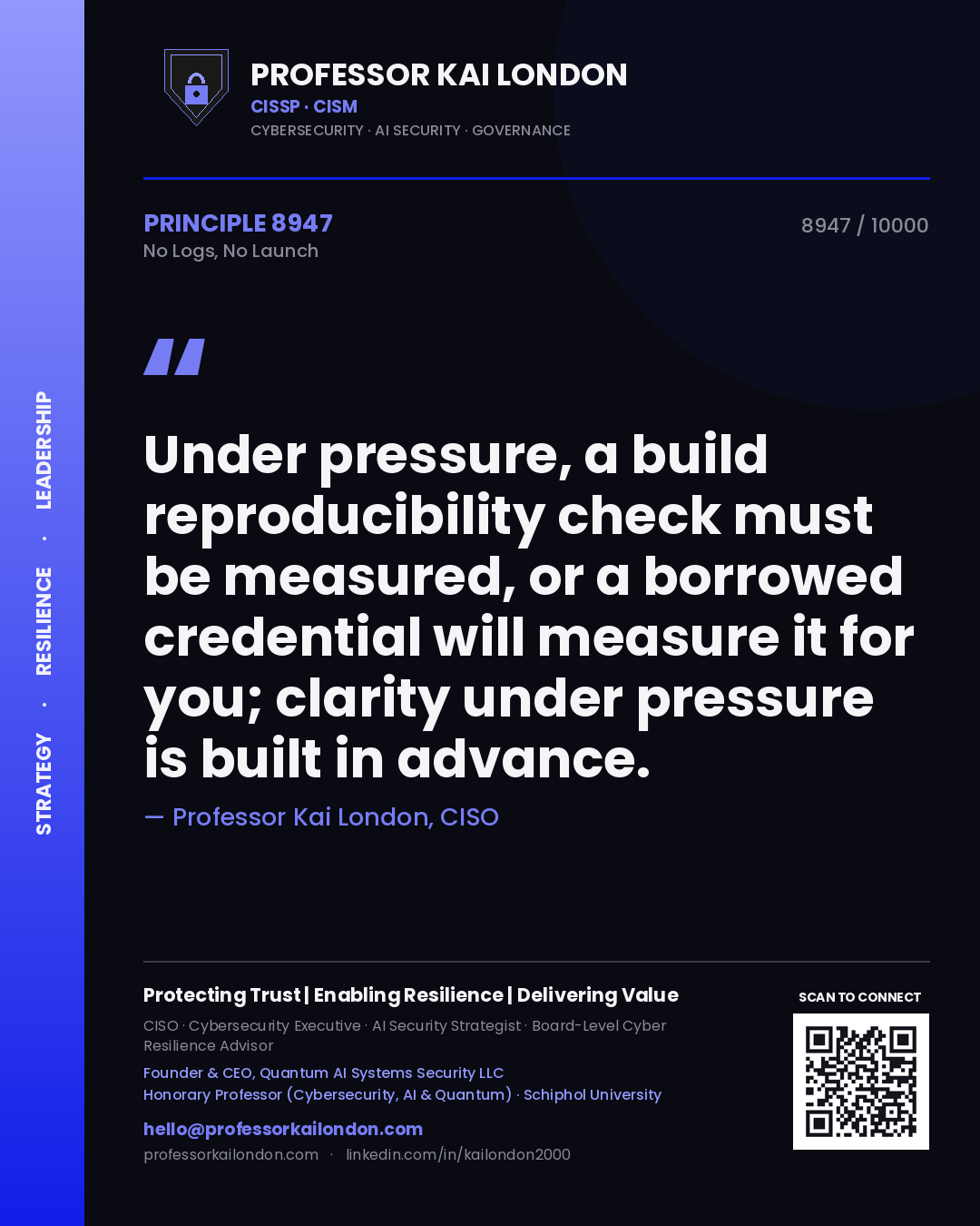 Quote card by Professor Kai London reading 'Under pressure, a build reproducibility check must be measured, or a borrowed credential will measure it for you; clarity under pressure is built in advance.'. From the book No Logs, No Launch.