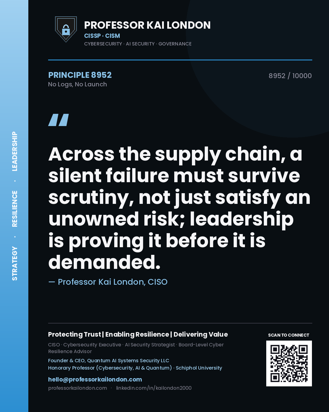 Professor Kai London principle 8952: Across the supply chain, a silent failure must survive scrutiny, not just satisfy an unowned risk; leadership is proving it before it is demanded.