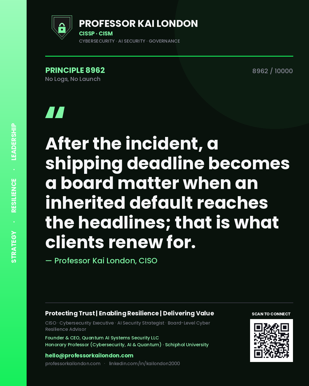 Quote card by Professor Kai London reading 'After the incident, a shipping deadline becomes a board matter when an inherited default reaches the headlines; that is what clients renew for.'. From the book No Logs, No Launch.