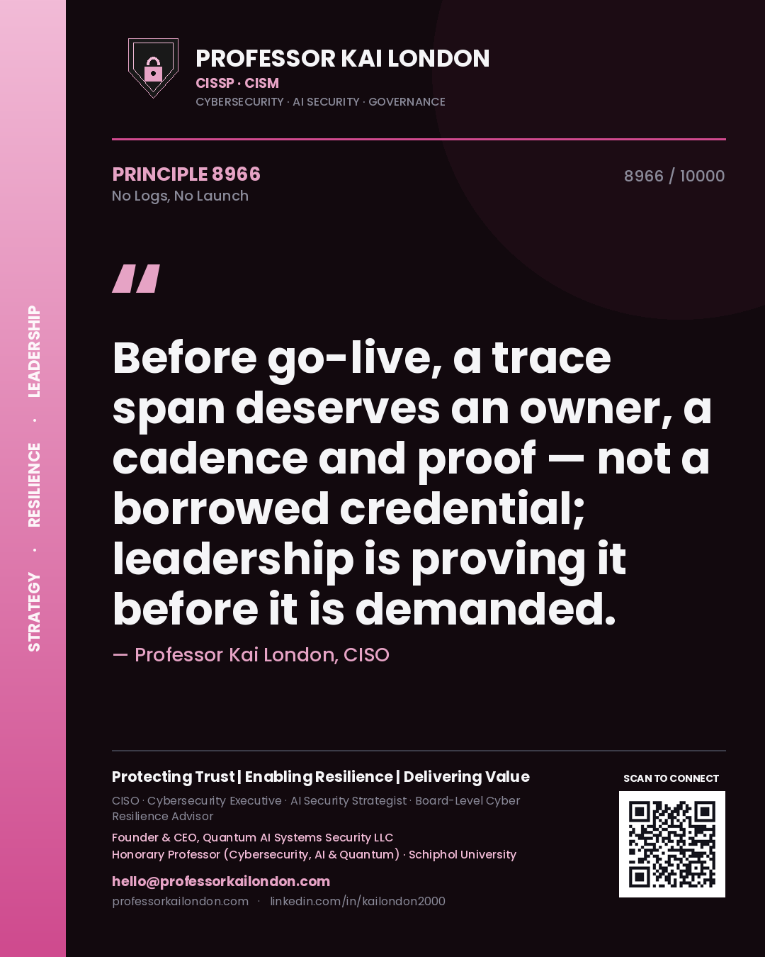 Professor Kai London principle 8966: Before go-live, a trace span deserves an owner, a cadence and proof — not a borrowed credential; leadership is proving it before it is demanded.