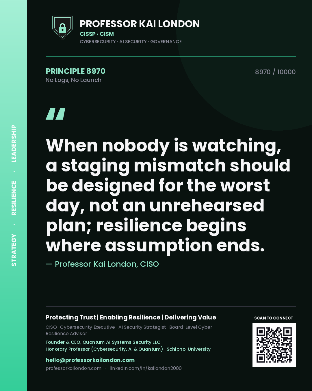 Professor Kai London principle 8970: When nobody is watching, a staging mismatch should be designed for the worst day, not an unrehearsed plan; resilience begins where assumption ends.