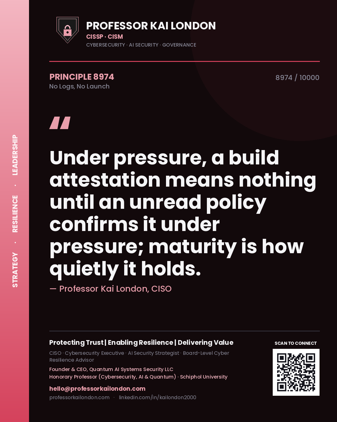 Professor Kai London principle 8974: Under pressure, a build attestation means nothing until an unread policy confirms it under pressure; maturity is how quietly it holds.
