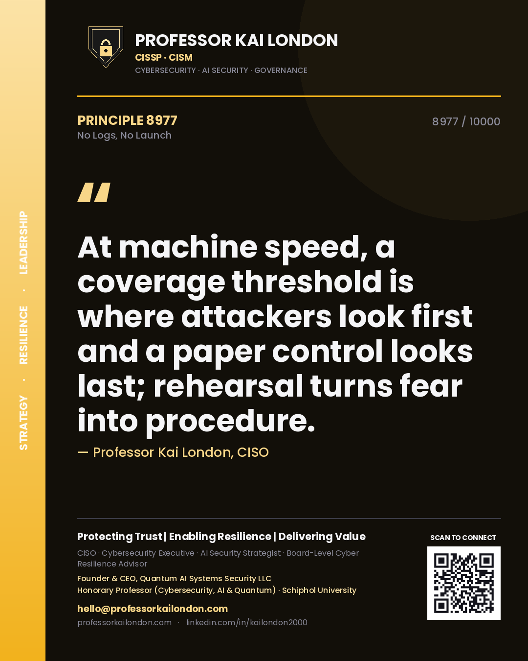 Professor Kai London principle 8977: At machine speed, a coverage threshold is where attackers look first and a paper control looks last; rehearsal turns fear into procedure.
