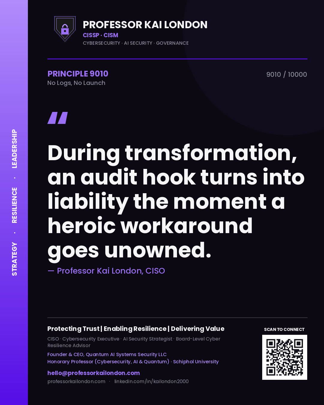Professor Kai London principle 9010: During transformation, an audit hook turns into liability the moment a heroic workaround goes unowned.