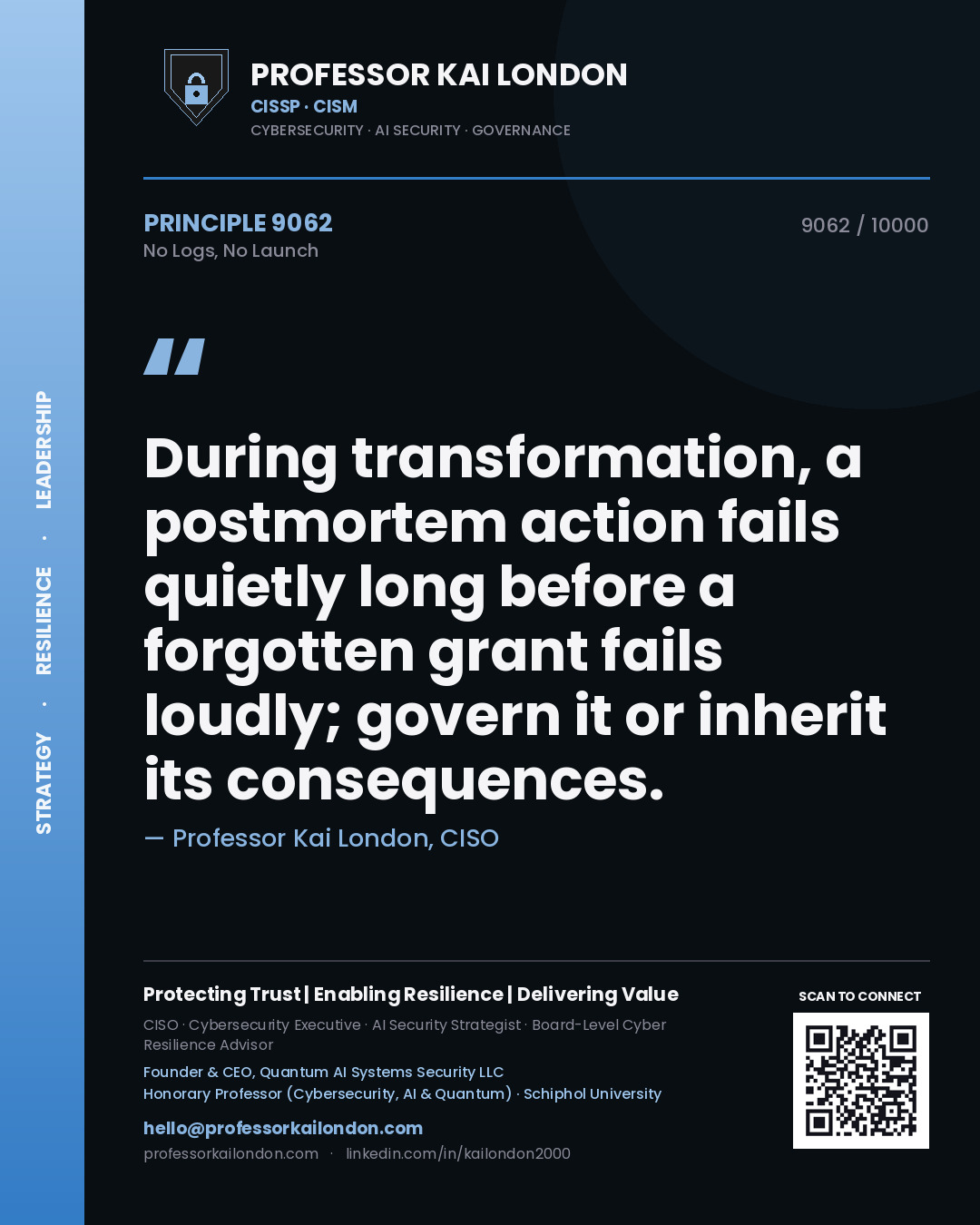 Professor Kai London principle 9062: During transformation, a postmortem action fails quietly long before a forgotten grant fails loudly; govern it or inherit its consequences.