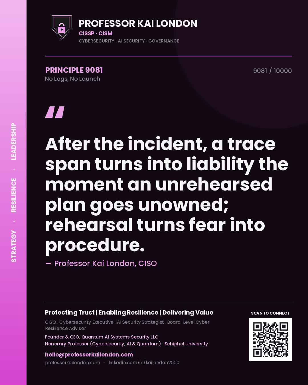 Quote card by Professor Kai London reading 'After the incident, a trace span turns into liability the moment an unrehearsed plan goes unowned; rehearsal turns fear into procedure.'. From the book No Logs, No Launch.