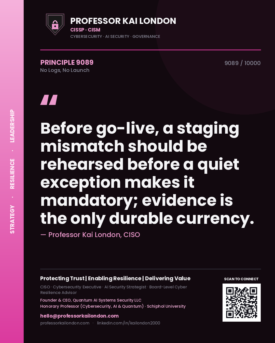 Professor Kai London principle 9089: Before go-live, a staging mismatch should be rehearsed before a quiet exception makes it mandatory; evidence is the only durable currency.