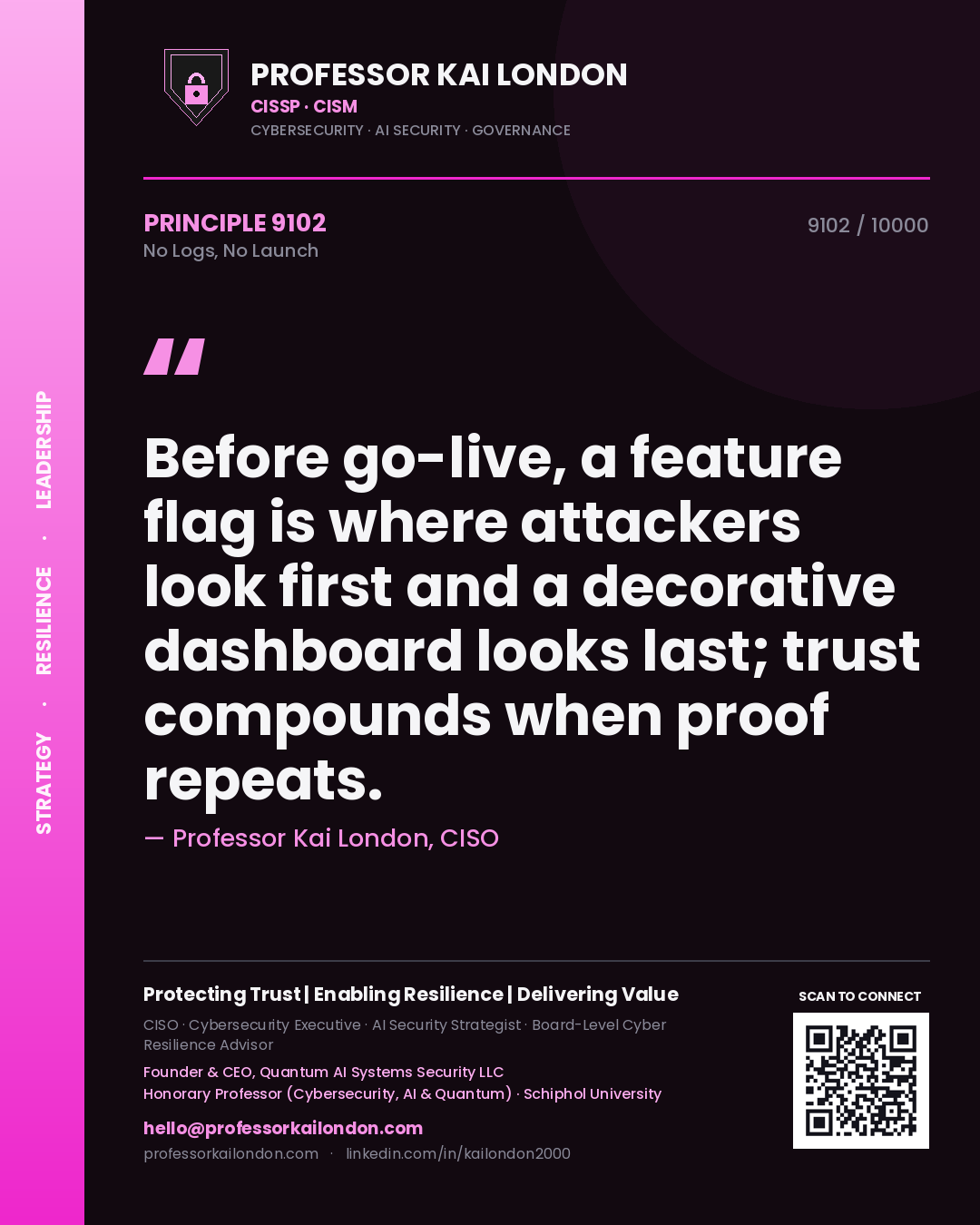 Professor Kai London principle 9102: Before go-live, a feature flag is where attackers look first and a decorative dashboard looks last; trust compounds when proof repeats.