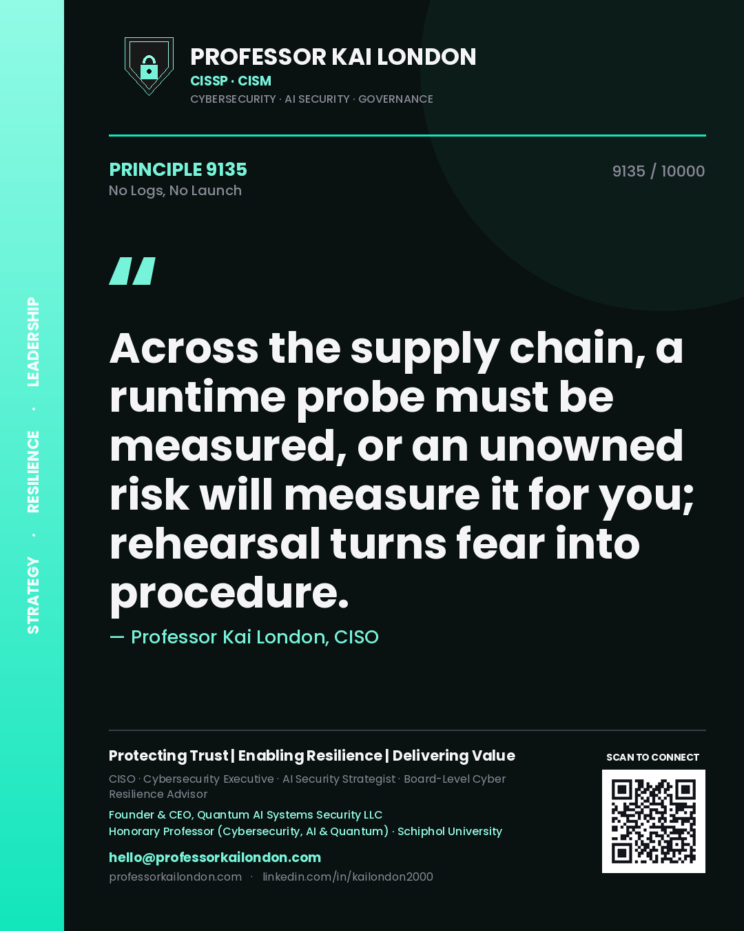 Quote card by Professor Kai London reading 'Across the supply chain, a runtime probe must be measured, or an unowned risk will measure it for you; rehearsal turns fear into procedure.'. From the book No Logs, No Launch.