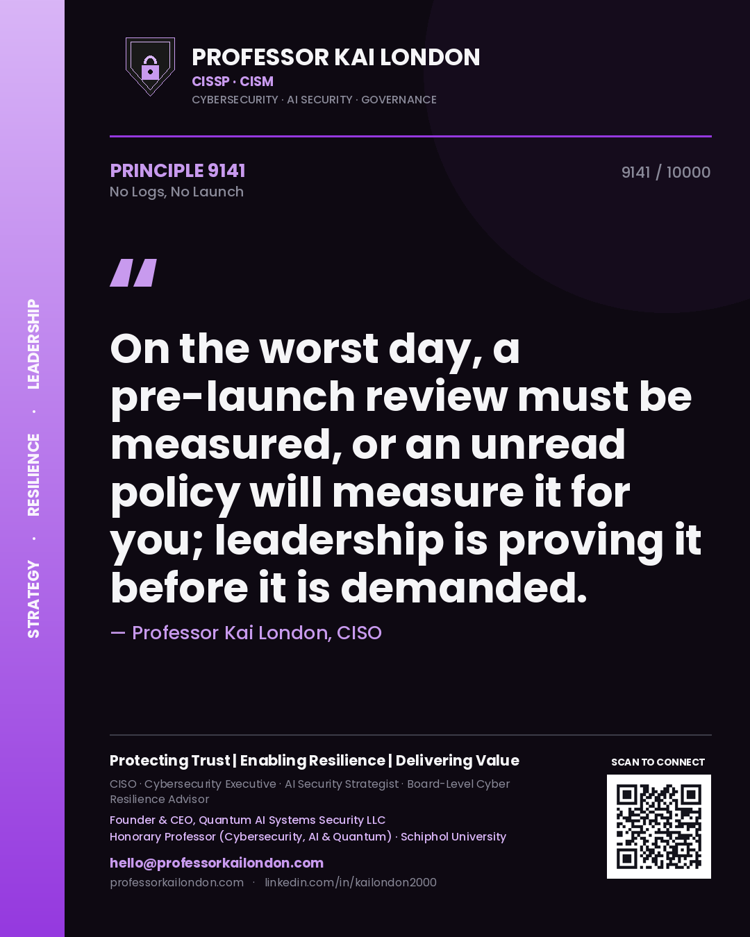 Professor Kai London principle 9141: On the worst day, a pre-launch review must be measured, or an unread policy will measure it for you; leadership is proving it before it is demanded.