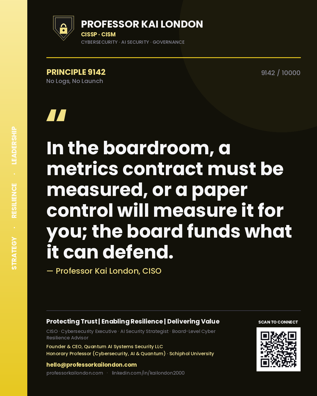 Professor Kai London principle 9142: In the boardroom, a metrics contract must be measured, or a paper control will measure it for you; the board funds what it can defend.