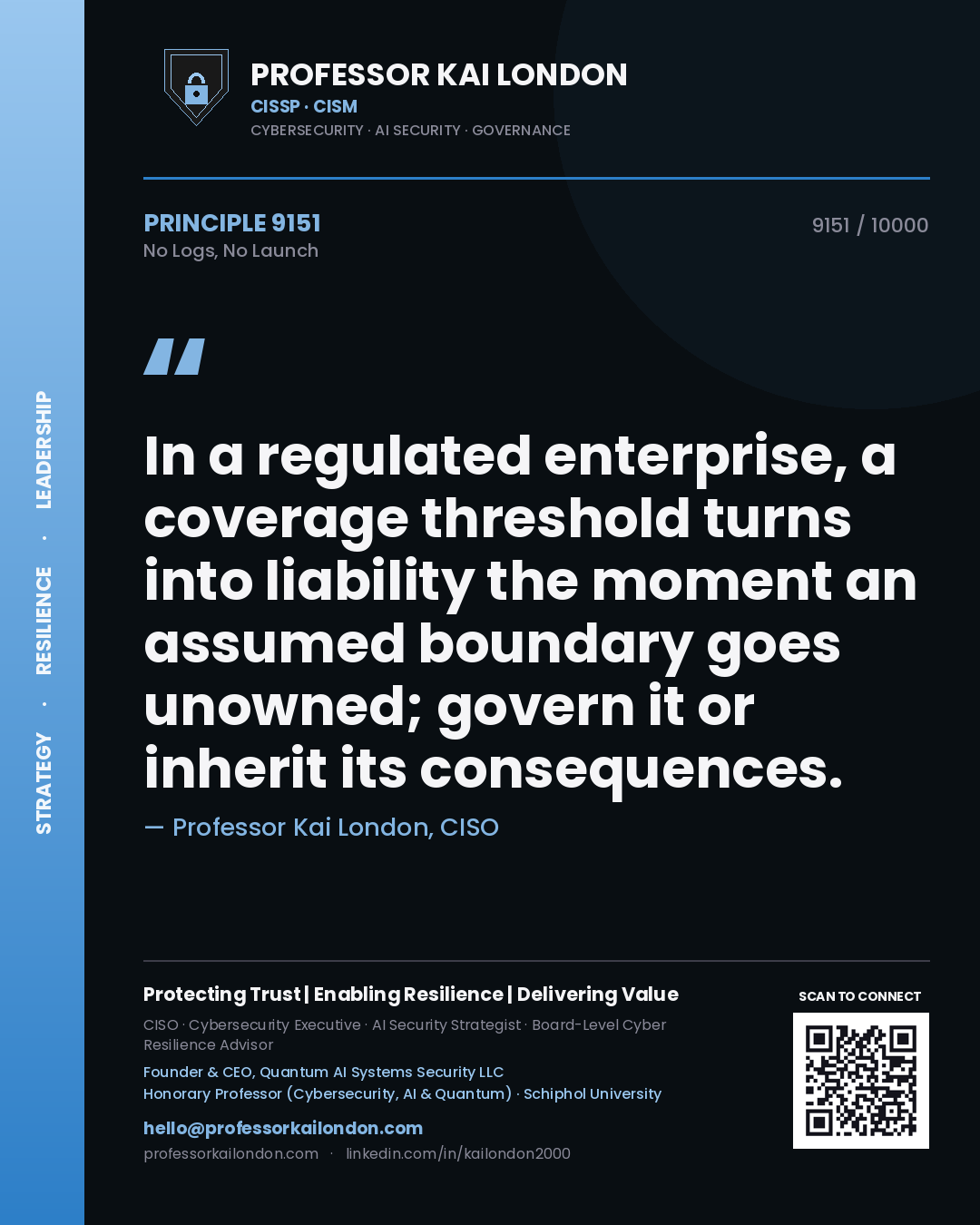 Professor Kai London principle 9151: In a regulated enterprise, a coverage threshold turns into liability the moment an assumed boundary goes unowned; govern it or inherit its consequences.