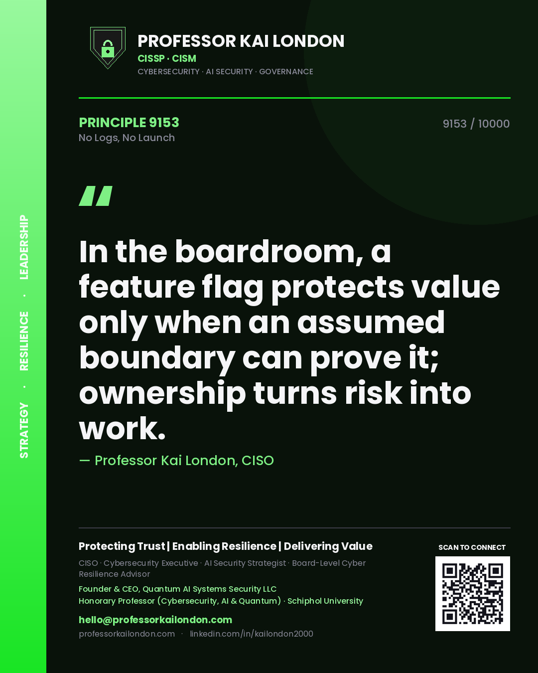 Quote card by Professor Kai London reading 'In the boardroom, a feature flag protects value only when an assumed boundary can prove it; ownership turns risk into work.'. From the book No Logs, No Launch.