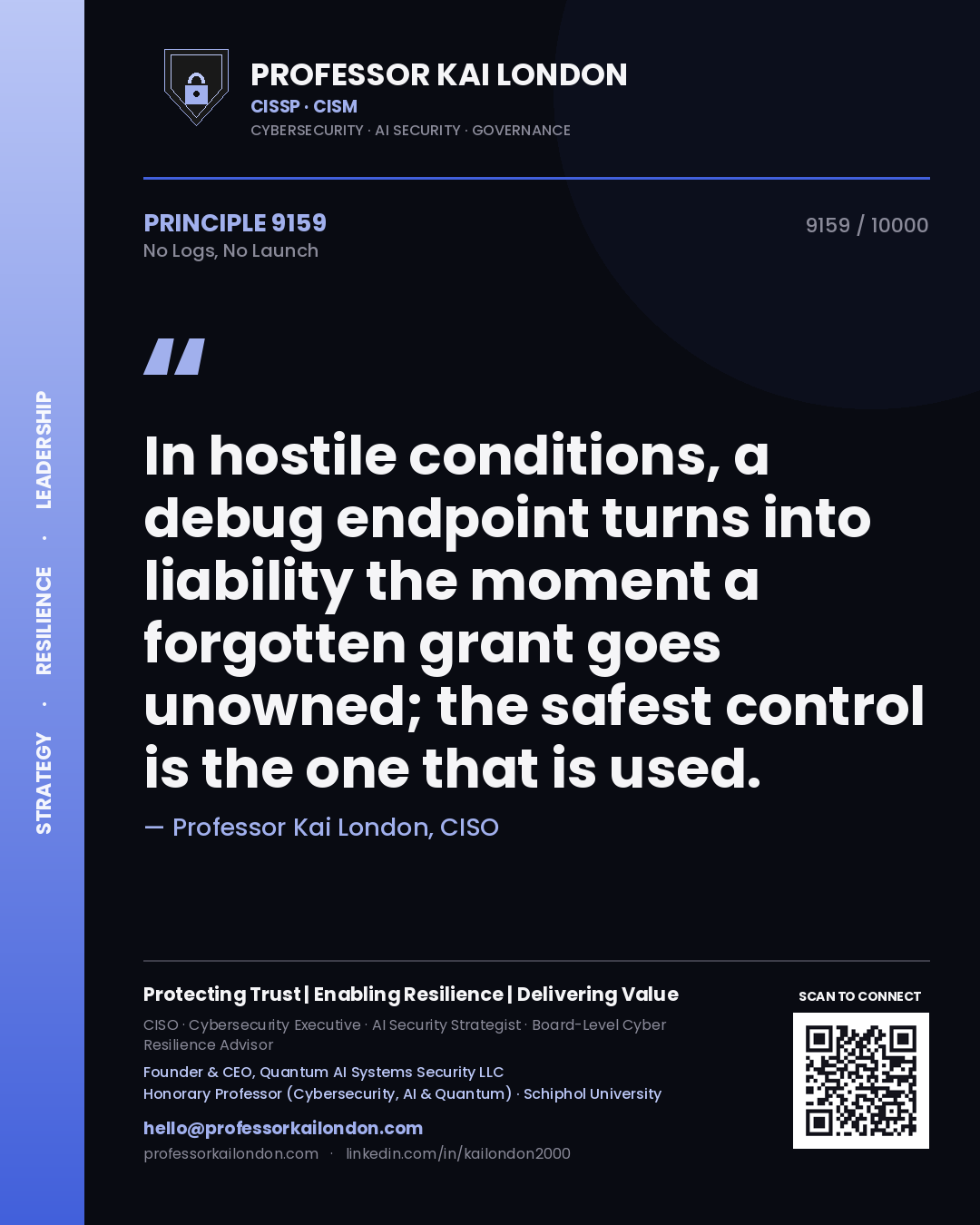 Professor Kai London principle 9159: In hostile conditions, a debug endpoint turns into liability the moment a forgotten grant goes unowned; the safest control is the one that is used.