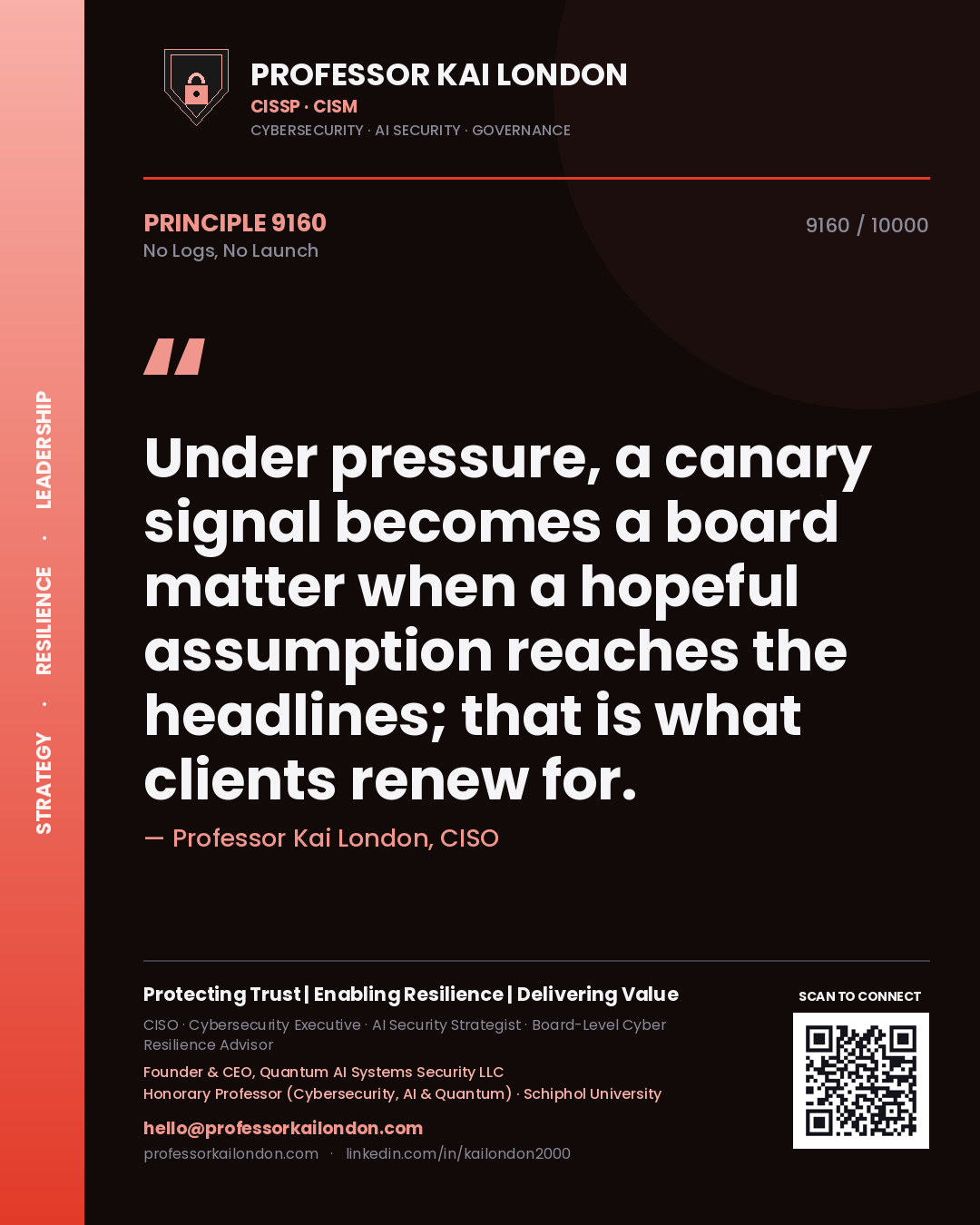 Quote card by Professor Kai London reading 'Under pressure, a canary signal becomes a board matter when a hopeful assumption reaches the headlines; that is what clients renew for.'. From the book No Logs, No Launch.