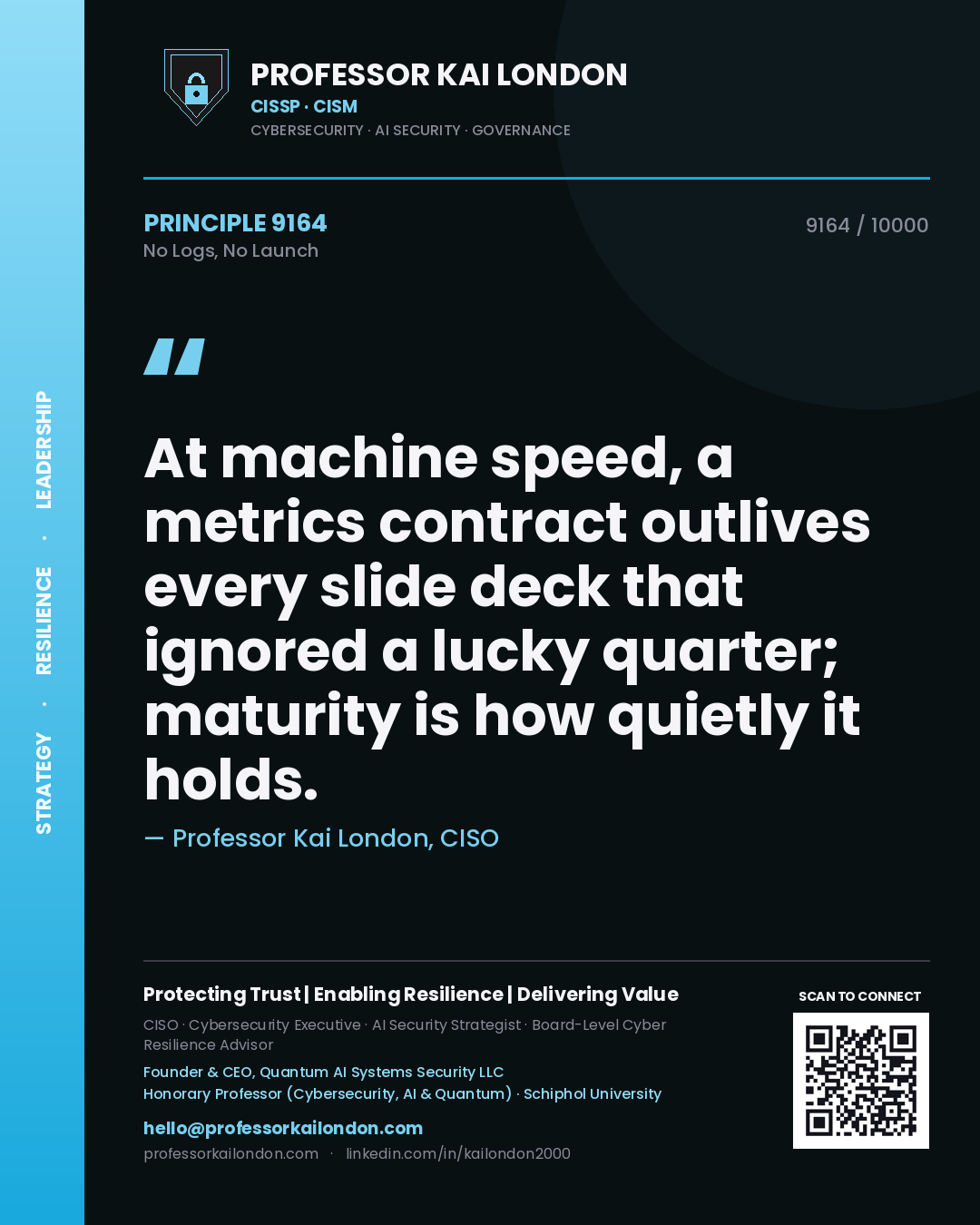 Professor Kai London principle 9164: At machine speed, a metrics contract outlives every slide deck that ignored a lucky quarter; maturity is how quietly it holds.