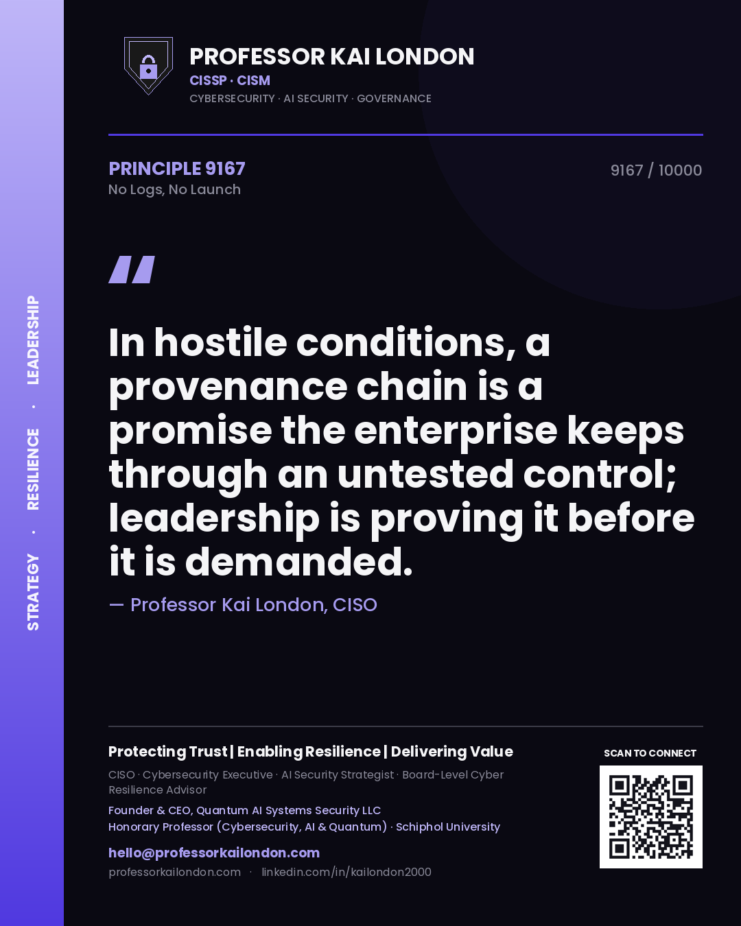 Professor Kai London principle 9167: In hostile conditions, a provenance chain is a promise the enterprise keeps through an untested control; leadership is proving it before it is demanded.
