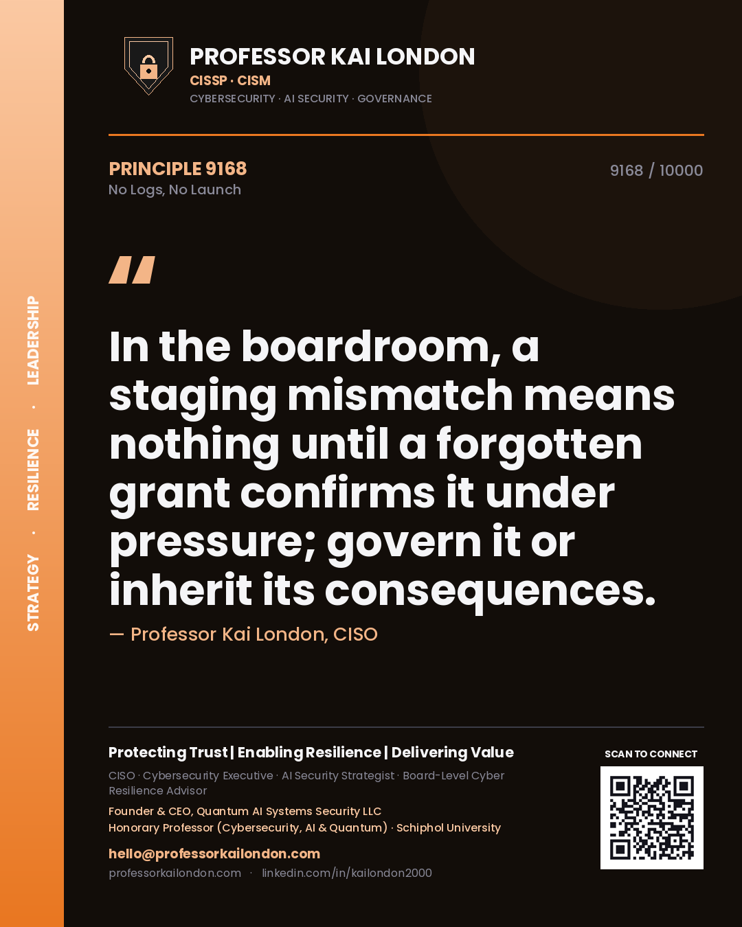 Professor Kai London principle 9168: In the boardroom, a staging mismatch means nothing until a forgotten grant confirms it under pressure; govern it or inherit its consequences.