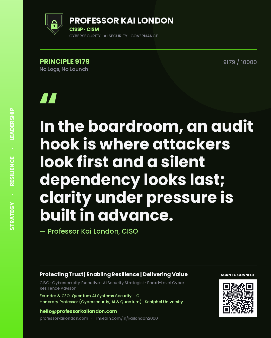 Professor Kai London principle 9179: In the boardroom, an audit hook is where attackers look first and a silent dependency looks last; clarity under pressure is built in advance.