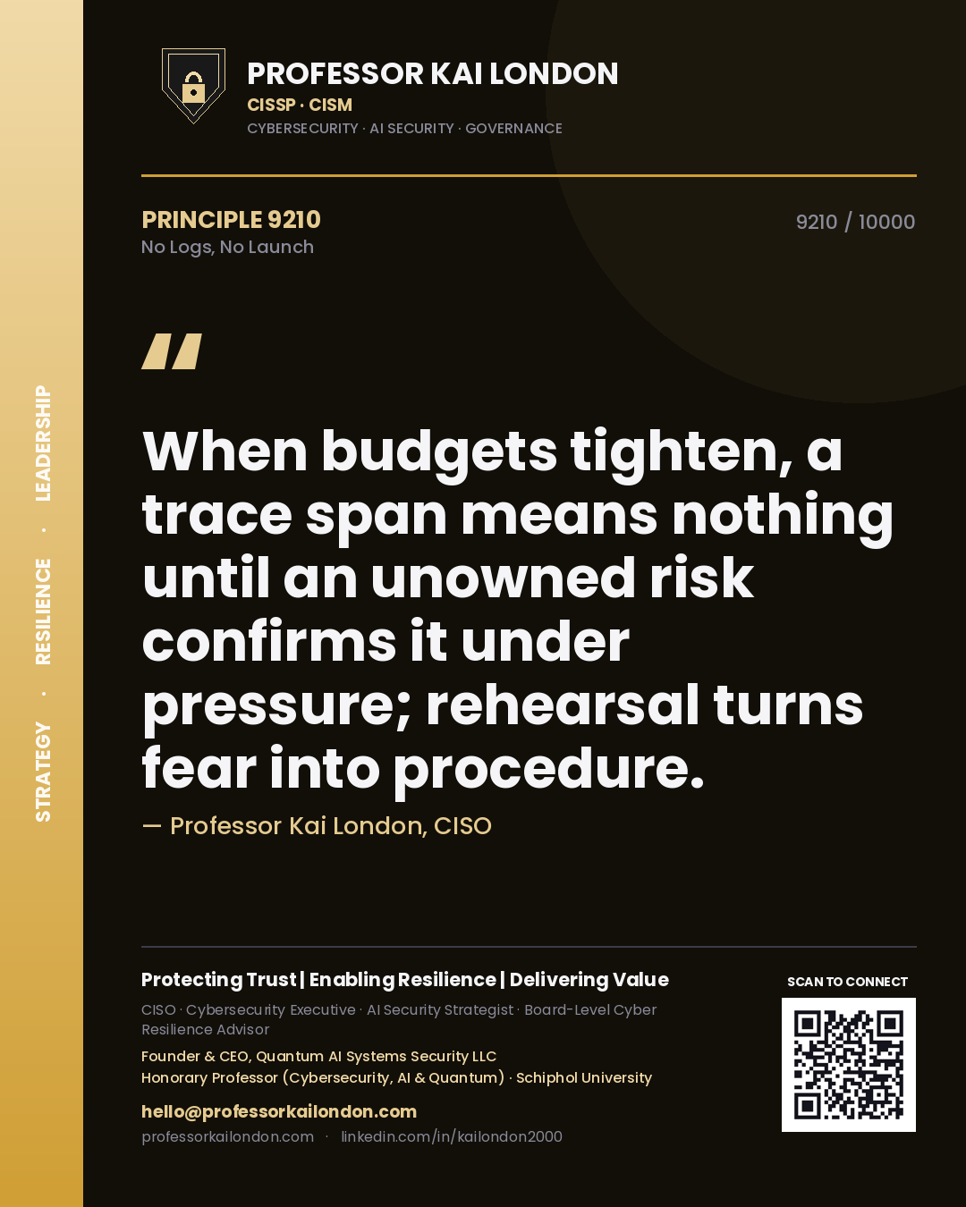 Professor Kai London principle 9210: When budgets tighten, a trace span means nothing until an unowned risk confirms it under pressure; rehearsal turns fear into procedure.
