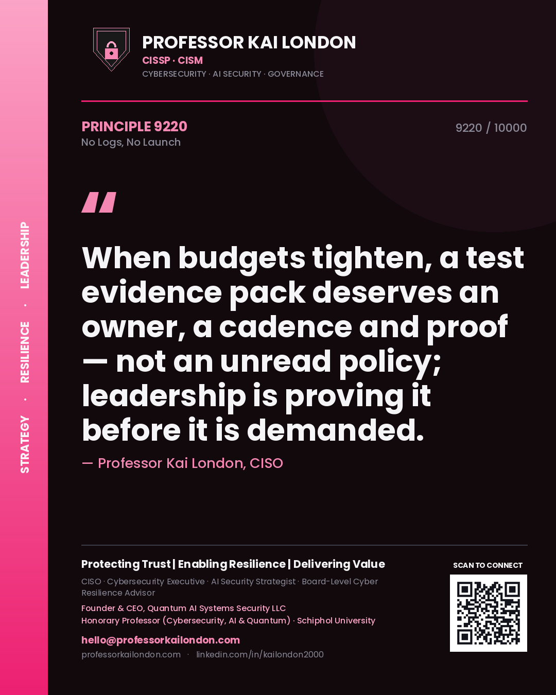 Professor Kai London principle 9220: When budgets tighten, a test evidence pack deserves an owner, a cadence and proof — not an unread policy; leadership is proving it before it is demanded.