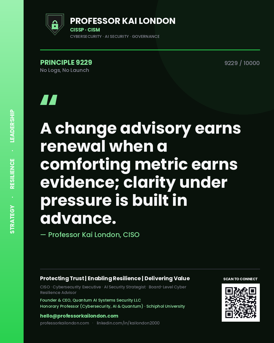 Professor Kai London principle 9229: A change advisory earns renewal when a comforting metric earns evidence; clarity under pressure is built in advance.