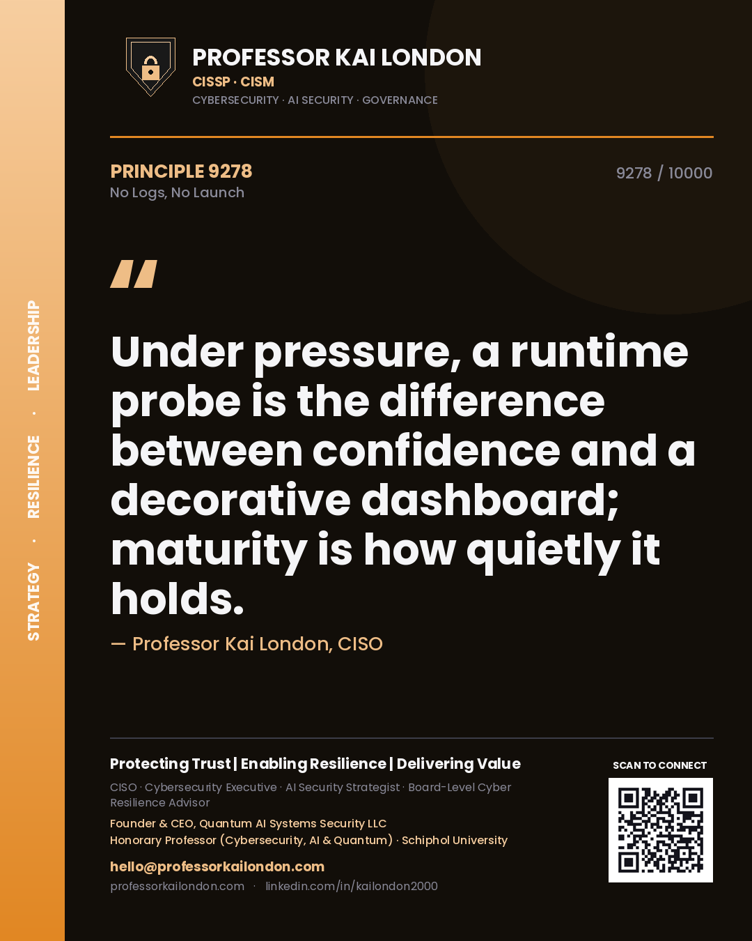 Professor Kai London principle 9278: Under pressure, a runtime probe is the difference between confidence and a decorative dashboard; maturity is how quietly it holds.