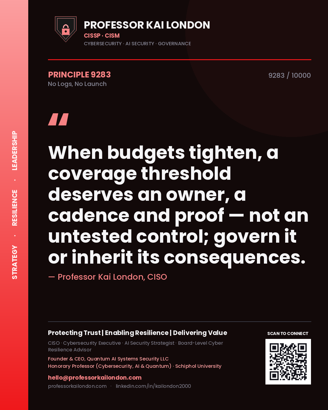 Professor Kai London principle 9283: When budgets tighten, a coverage threshold deserves an owner, a cadence and proof — not an untested control; govern it or inherit its consequences.