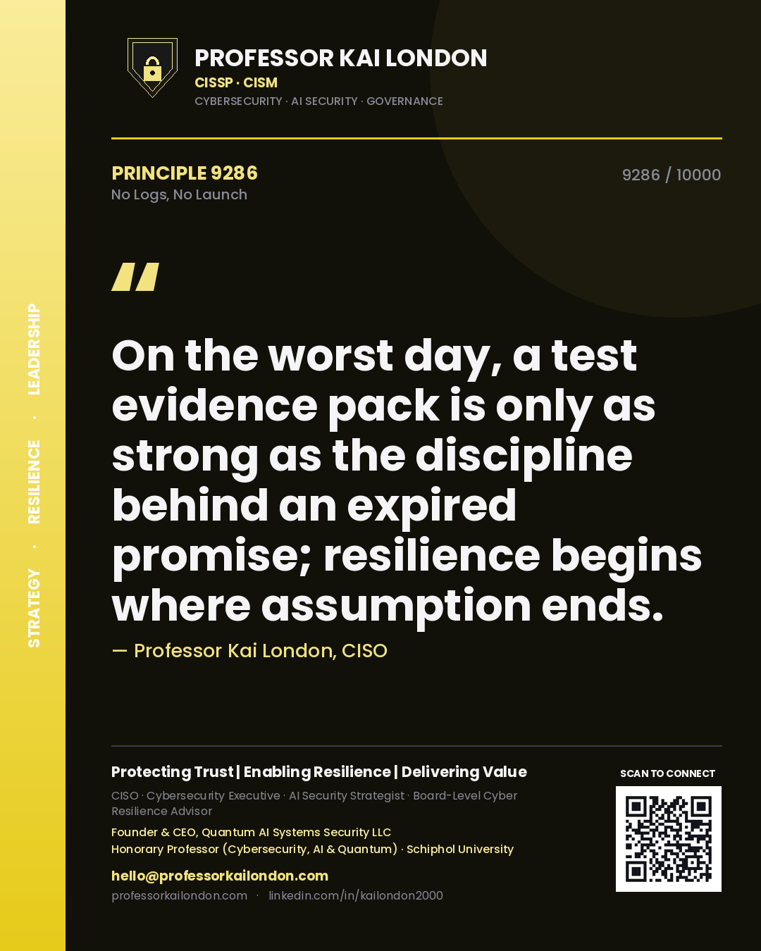 Professor Kai London principle 9286: On the worst day, a test evidence pack is only as strong as the discipline behind an expired promise; resilience begins where assumption ends.