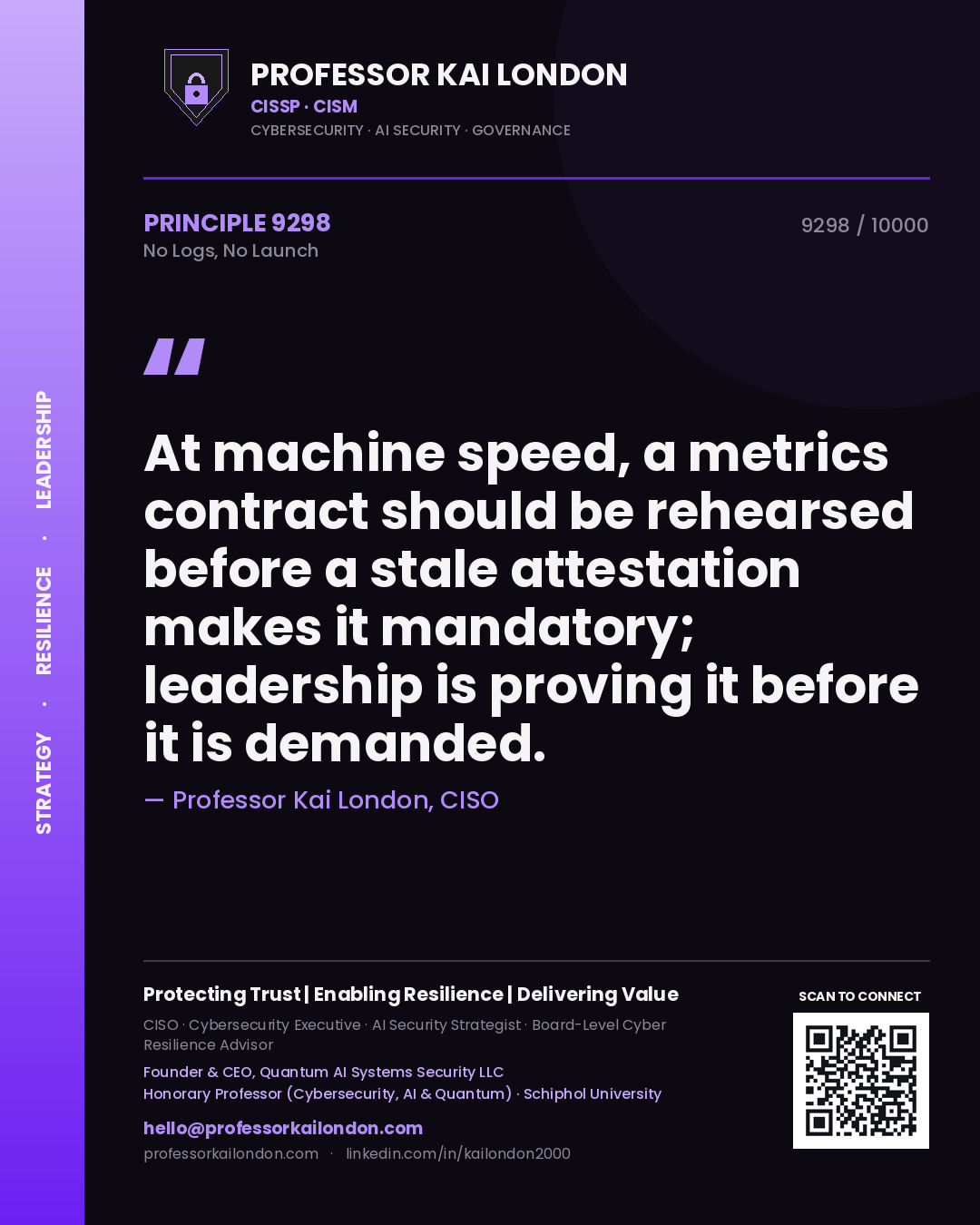 Professor Kai London principle 9298: At machine speed, a metrics contract should be rehearsed before a stale attestation makes it mandatory; leadership is proving it before it is demanded.
