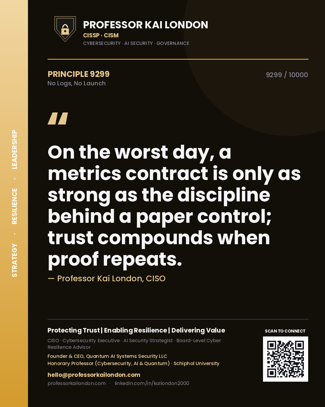 Quote card by Professor Kai London reading 'On the worst day, a metrics contract is only as strong as the discipline behind a paper control; trust compounds when proof repeats.'. From the book No Logs, No Launch.