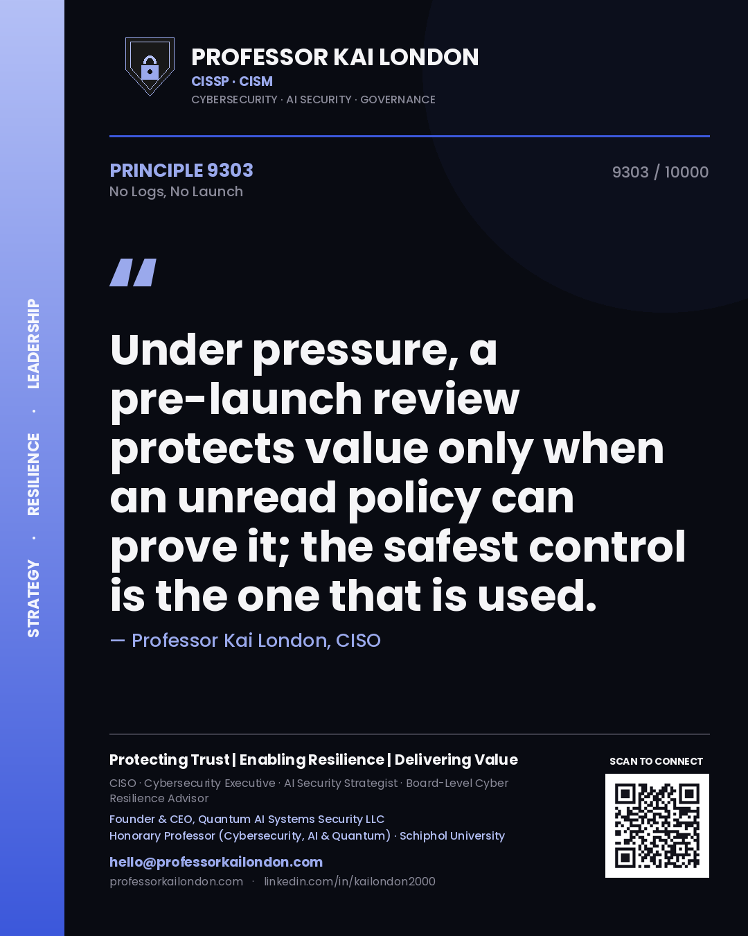 Professor Kai London principle 9303: Under pressure, a pre-launch review protects value only when an unread policy can prove it; the safest control is the one that is used.