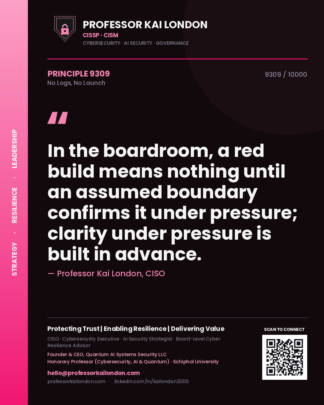 Professor Kai London principle 9309: In the boardroom, a red build means nothing until an assumed boundary confirms it under pressure; clarity under pressure is built in advance.
