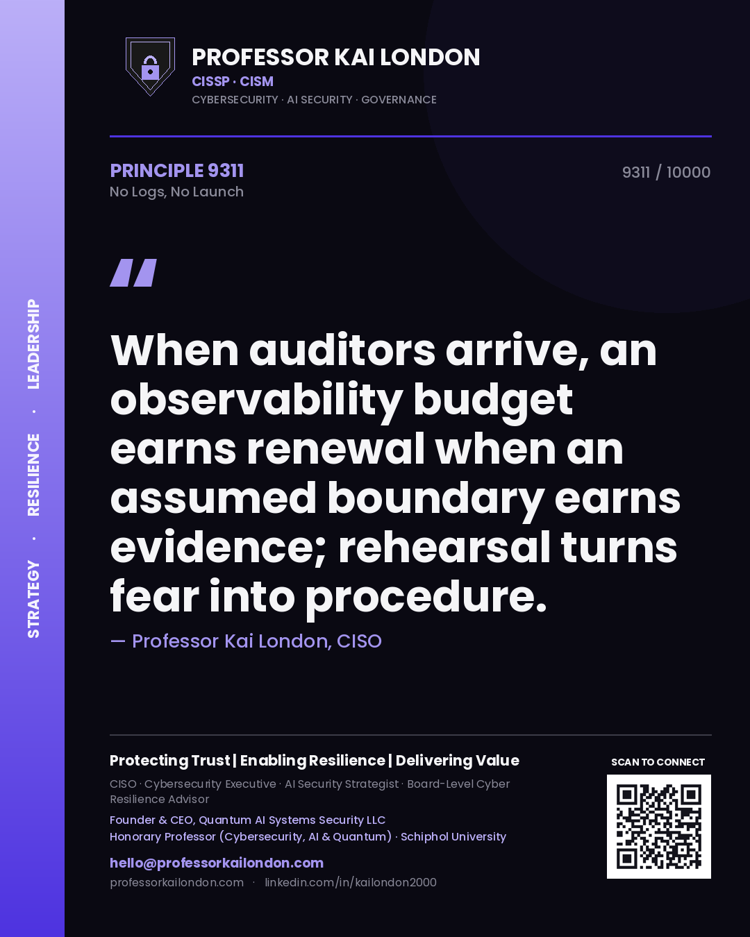Professor Kai London principle 9311: When auditors arrive, an observability budget earns renewal when an assumed boundary earns evidence; rehearsal turns fear into procedure.