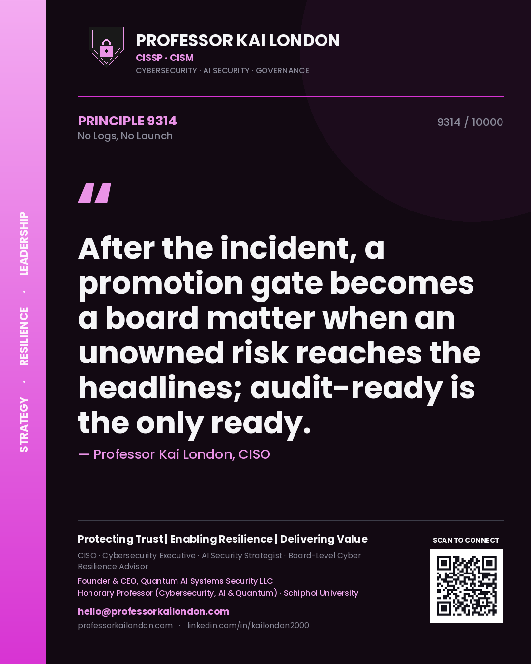 Quote card by Professor Kai London reading 'After the incident, a promotion gate becomes a board matter when an unowned risk reaches the headlines; audit-ready is the only ready.'. From the book No Logs, No Launch.