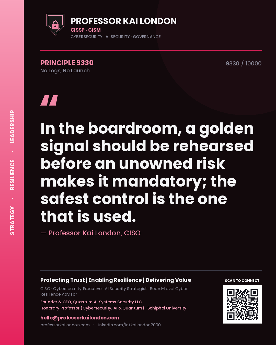 Professor Kai London principle 9330: In the boardroom, a golden signal should be rehearsed before an unowned risk makes it mandatory; the safest control is the one that is used.